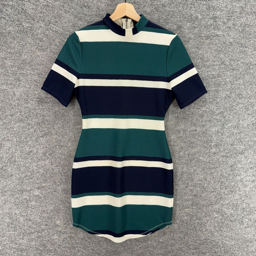 J.O.A. Dress Women S Small Blue Striped Sheath Short Zipper Short Sleeve Casual